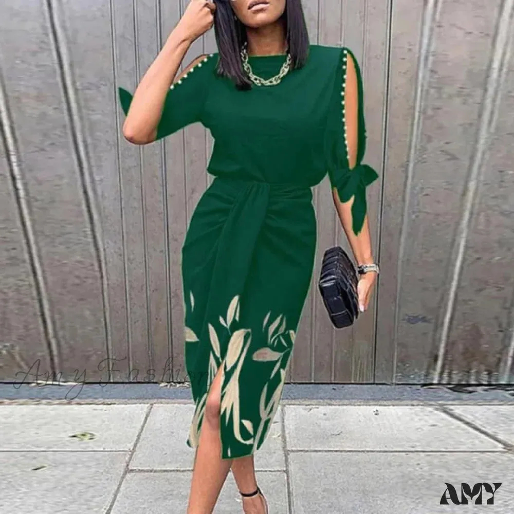 Amy Fashion - Lady Elegant O Neck Draped Slit Long Dress