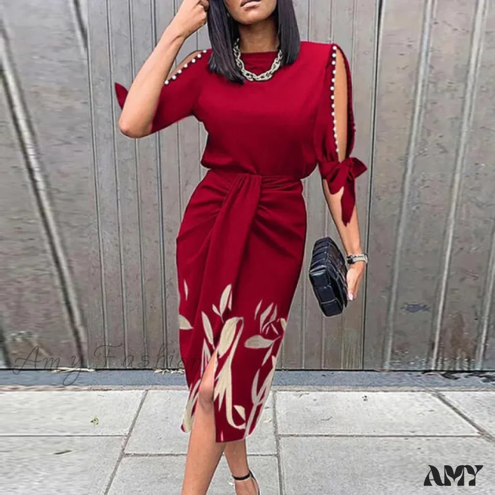 Amy Fashion - Lady Elegant O Neck Draped Slit Long Dress