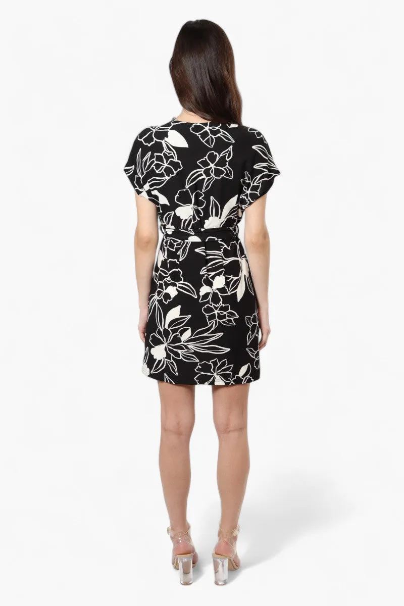 Majora Belted Floral Crossover Day Dress - Black