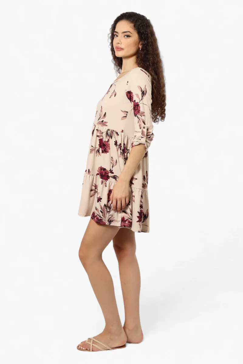 Majora Floral Scoop Neck Roll Up Sleeve Day Dress - Beige