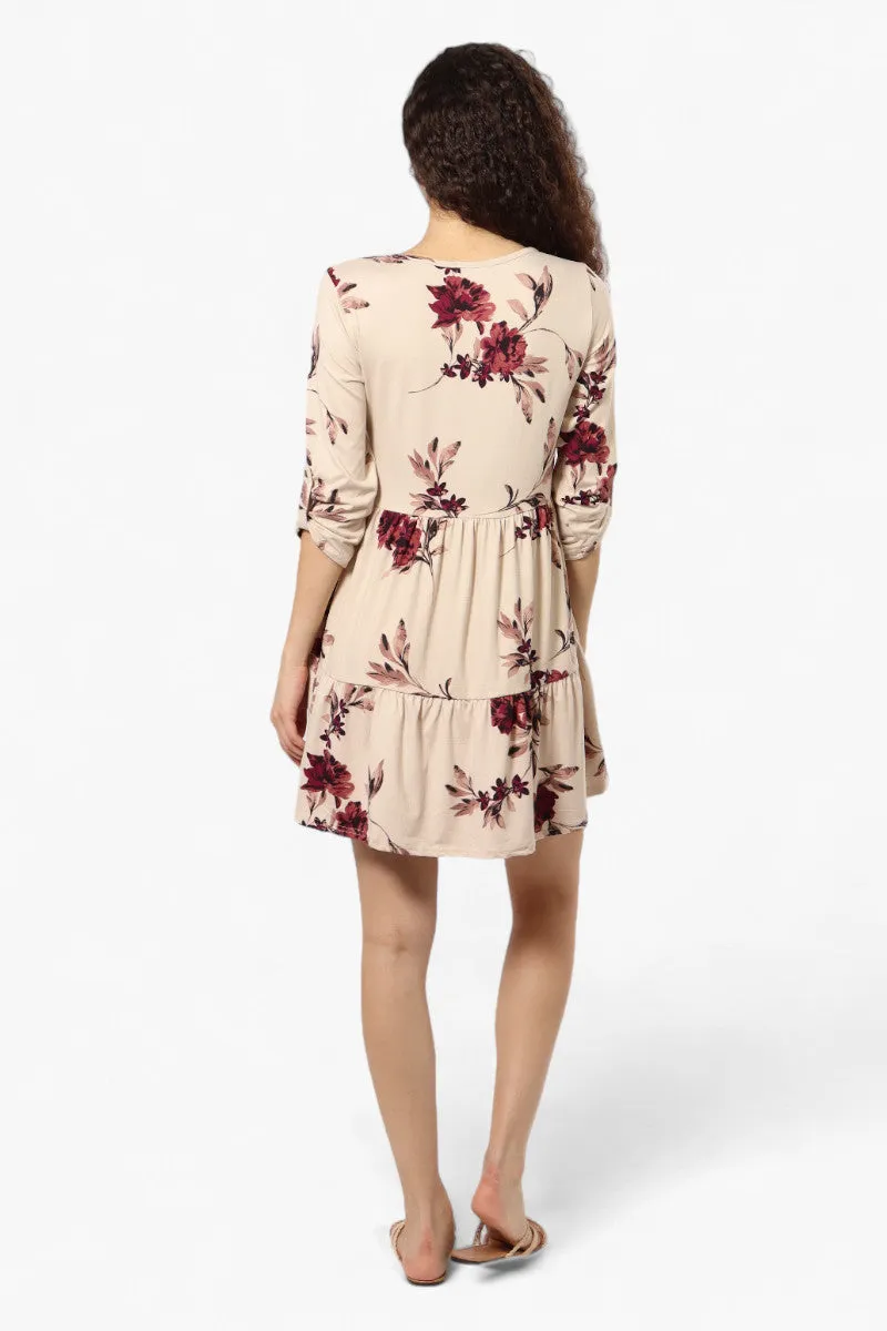 Majora Floral Scoop Neck Roll Up Sleeve Day Dress - Beige
