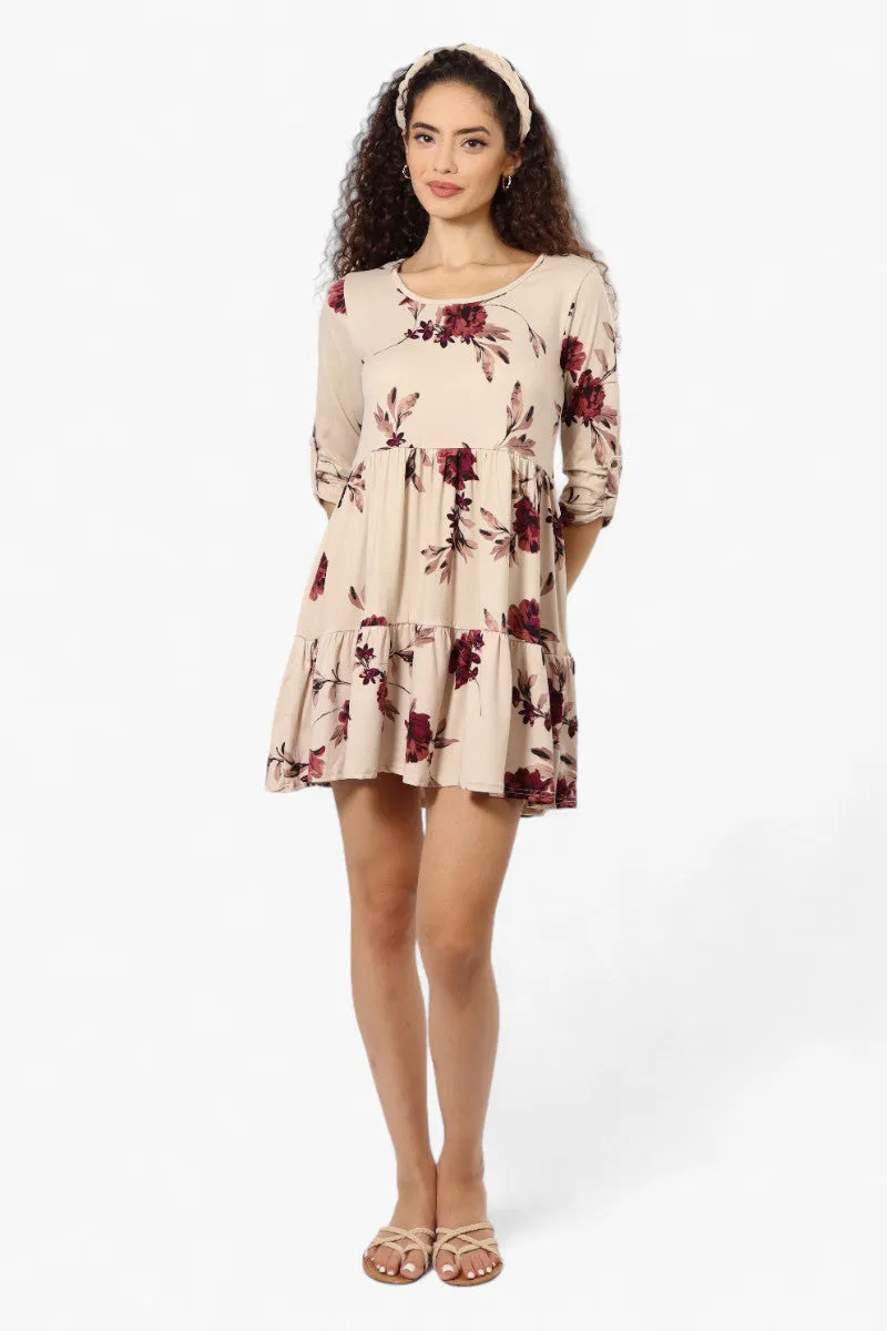 Majora Floral Scoop Neck Roll Up Sleeve Day Dress - Beige