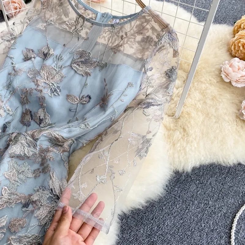 Purpdrank - 2023 fashion Summer New Embroidery Mesh Vestidos Round Neck Ladies Noble and Elegant Temperament Women's High-end Midi Dress