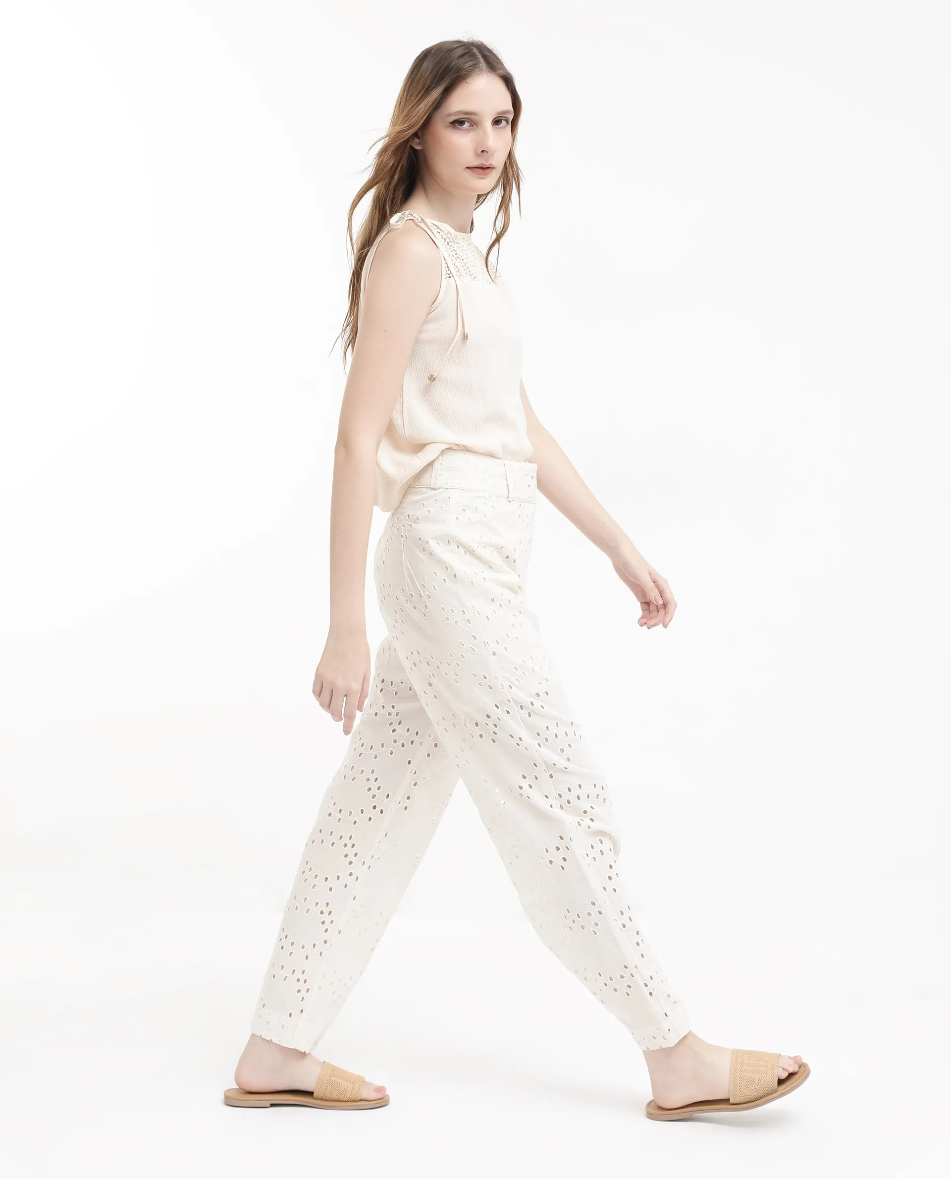 Rareism Women Montana-B Light Off-White Cotton Trouser