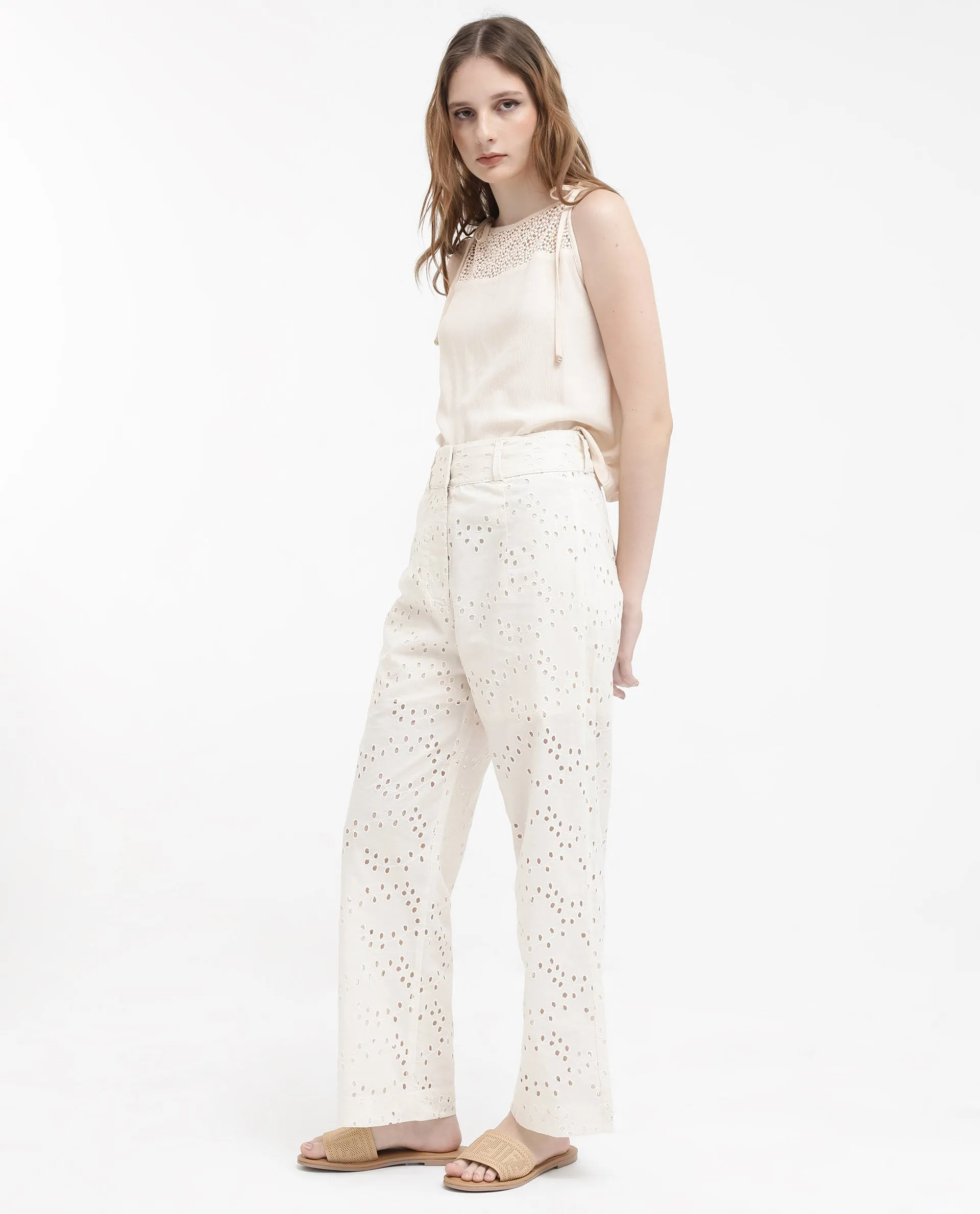 Rareism Women Montana-B Light Off-White Cotton Trouser