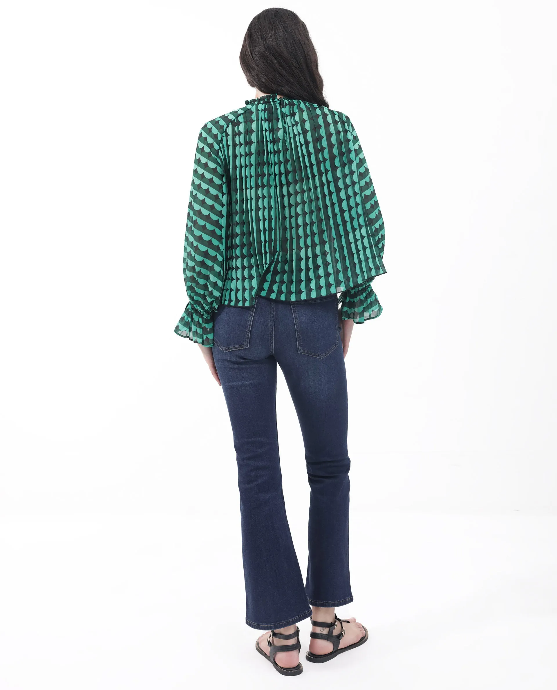 Rareism Women Poehler Black Polyester Fabric Full Sleeve Collared Neck Printed Regular Length Top