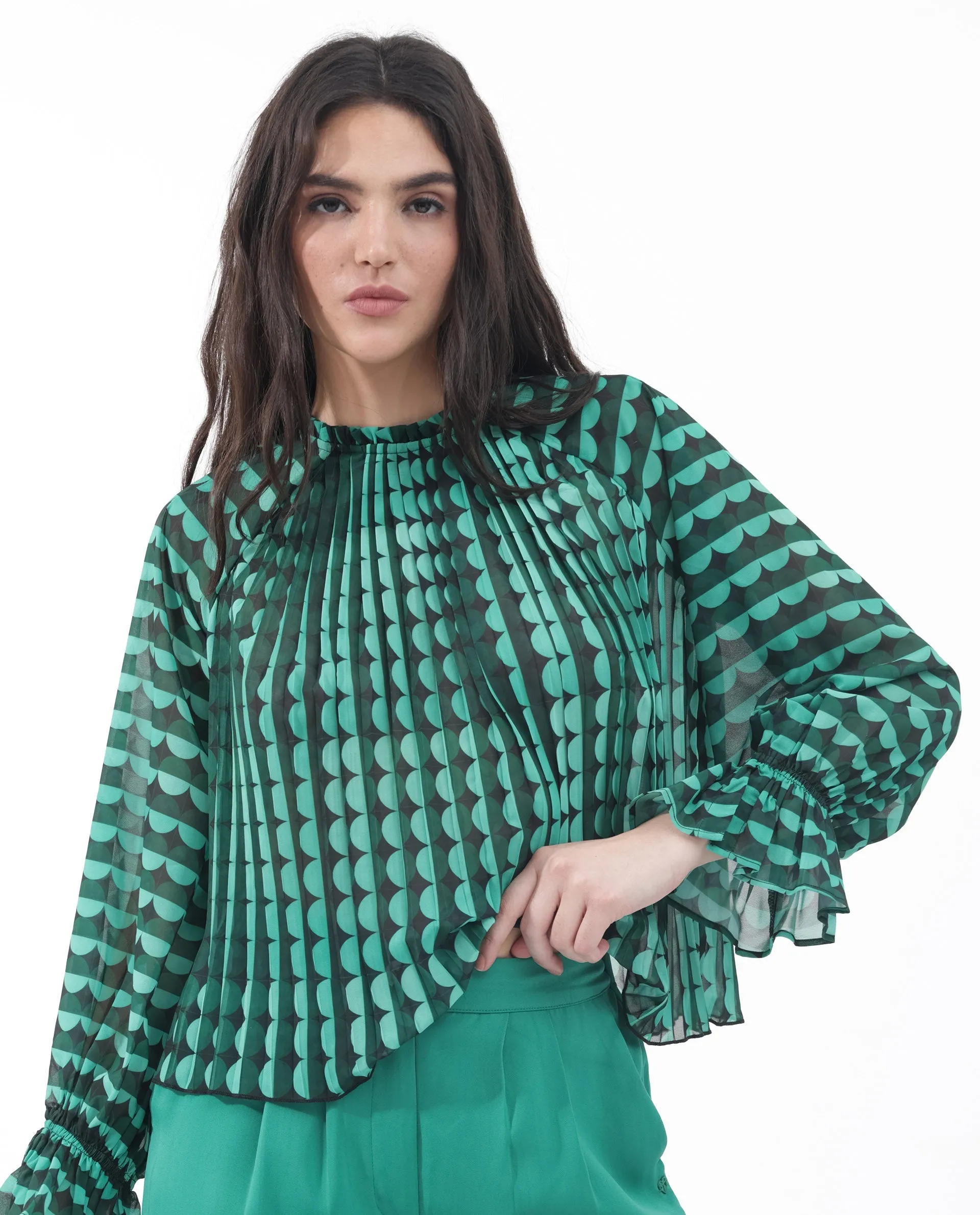 Rareism Women Poehler Black Polyester Fabric Full Sleeve Collared Neck Printed Regular Length Top