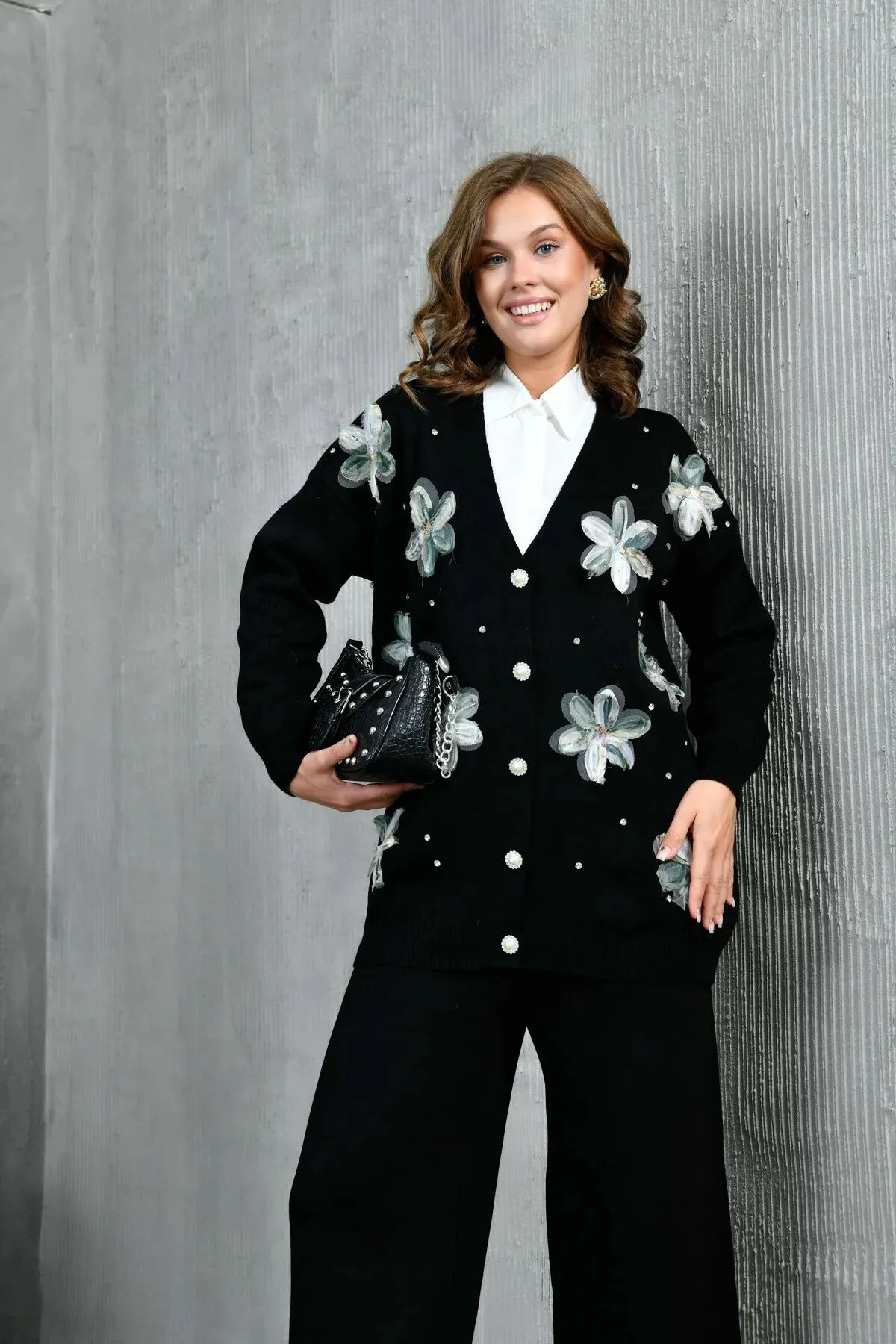 Tulle Flower Embroidered Stone Detailed Knitted Cardigan and Trousers Bottom and Top Set